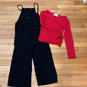 Old Navy Black Overalls with Red Long-Sleeve Ribbed Top both size M